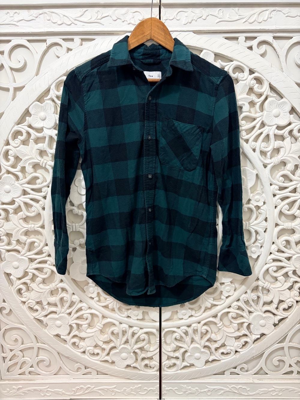 TNA Aritzia Buffalo Plaid Flannel Shirt Green Black XXS